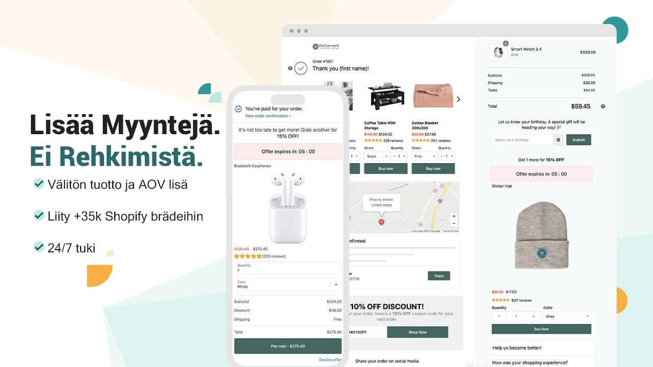 ReConvert ReConvert yli- ja lis&auml;myynti Shopify Upsell & Cross Sell