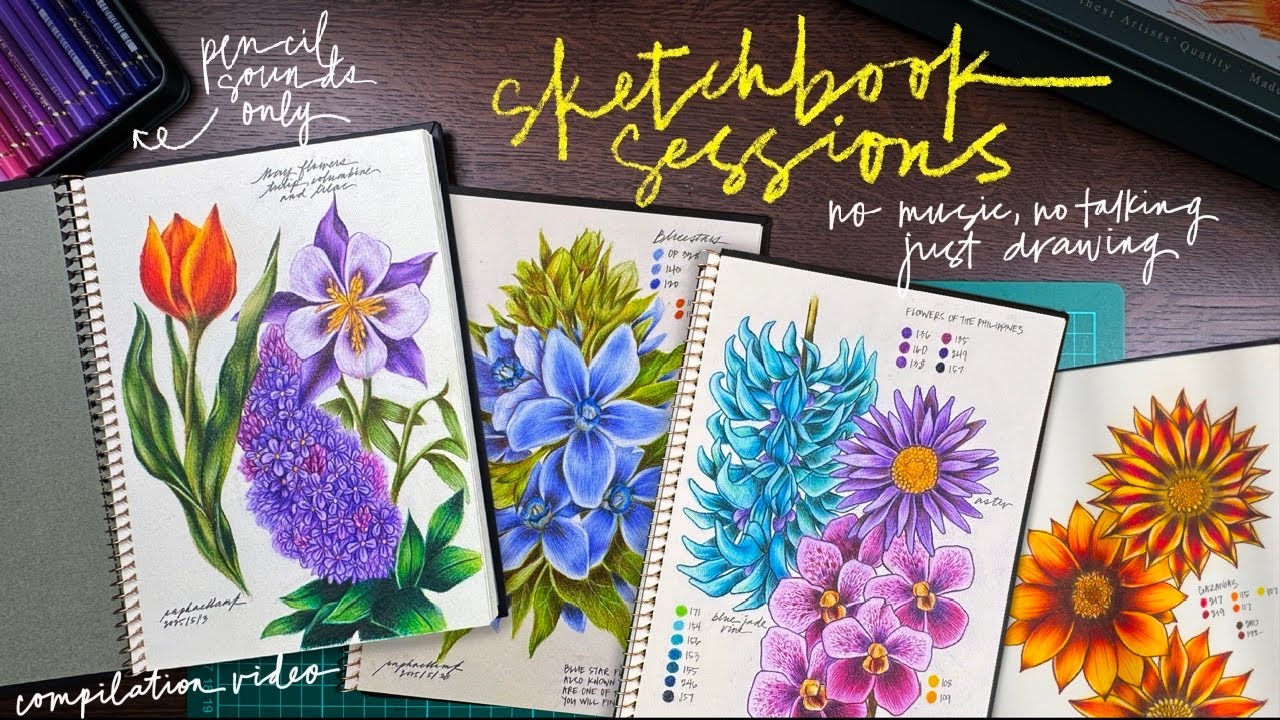 one hour in my sketchbook 🌷 (relaxing colored pencil flower drawing asmr)