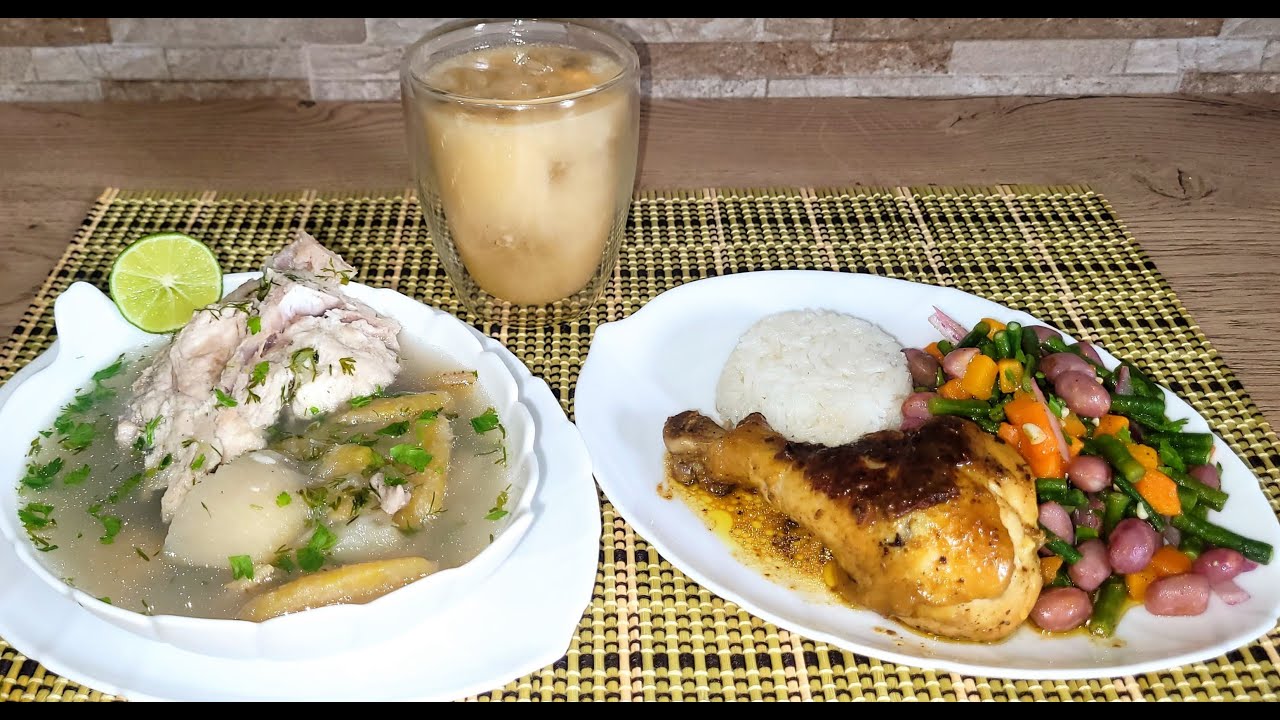 ♨️🍲CALDO DE HUESOS 🐟DE PESCADO POLLO 🥘🍗A LA MOSTAZA Y ENSALADA DE FREJOL TIERNO CON JUGO DE BADEA😘👌