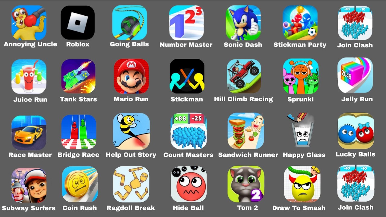 Minecraft,Bowmasters,Zombies Tsunami,Hcr 2,Granny,Stick War Legacy,Race Master,Roblox,Mario Run