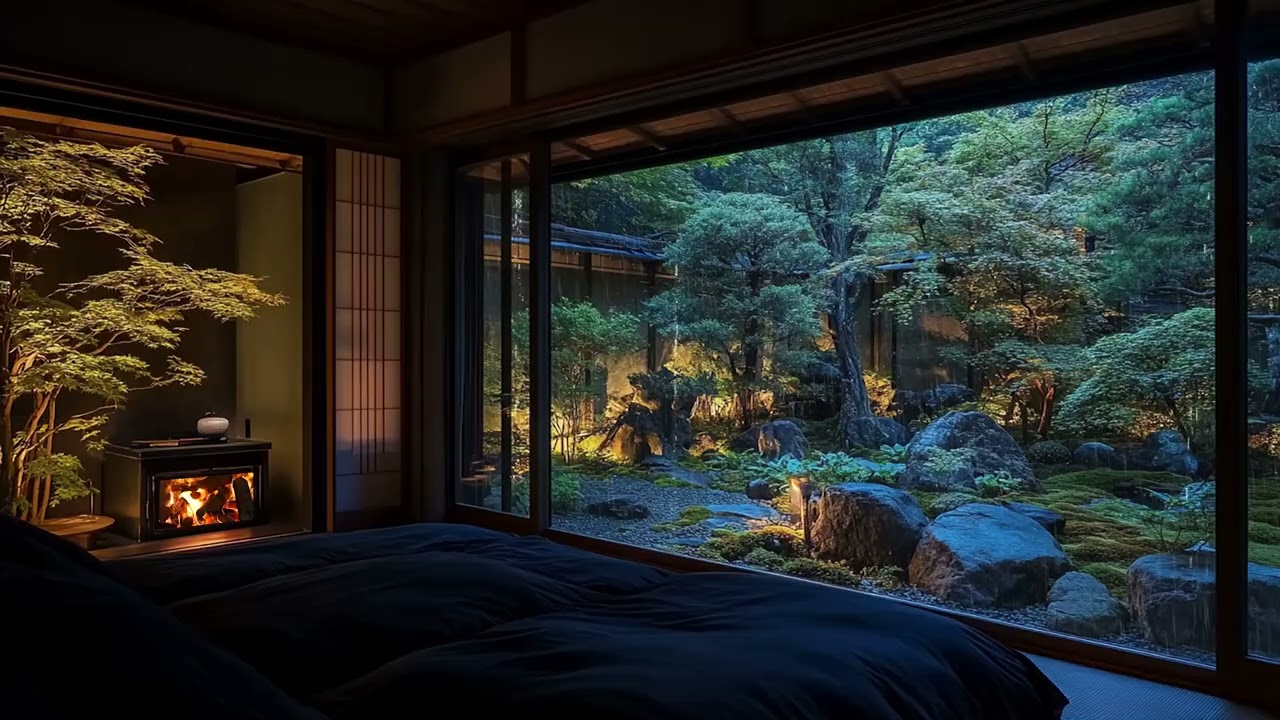 Heavy Rain in Luxury Ryokan Bedroom 🌧️ Rain Forest Nature Sounds for Sleeping, Study, Focus, Rest
