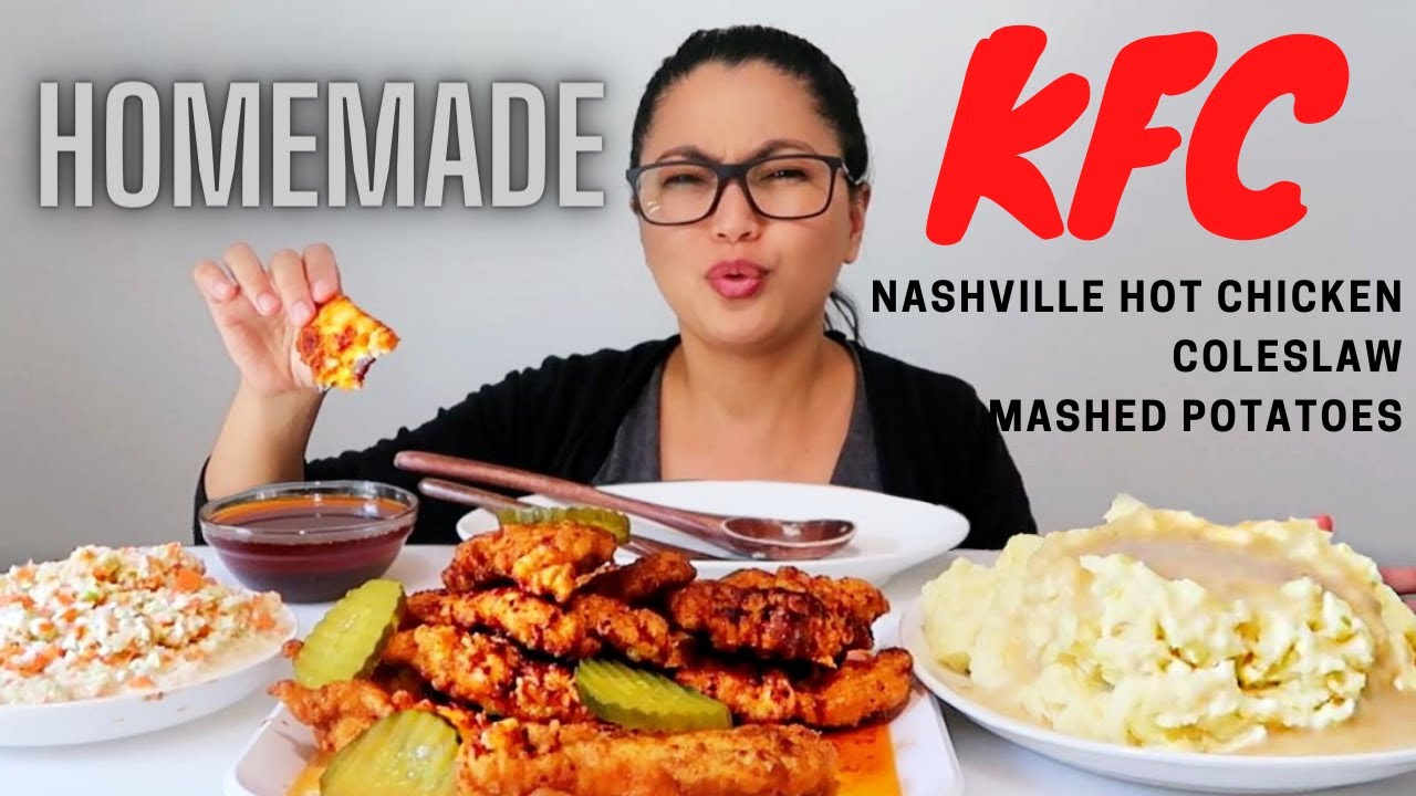BETTER THAN KFC!!! 🤷🏻‍♀️ Nashville Hot Chicken Tenders, Coleslaw and Mashed Potatoes + REAL MUKBANG