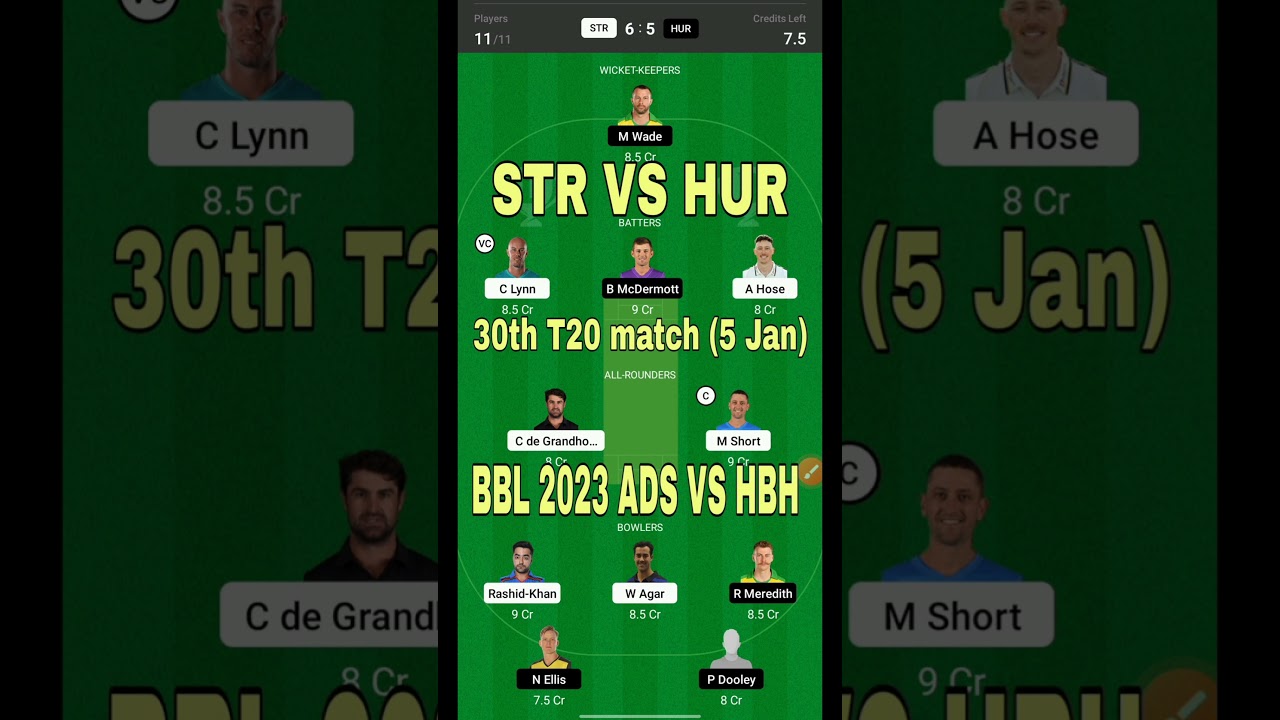 ADS vs HBH DREAM11 TEAM | STR vs HUR Dream11 match prediction | HUR vs STR Dream11 30th T20 BBL 2023
