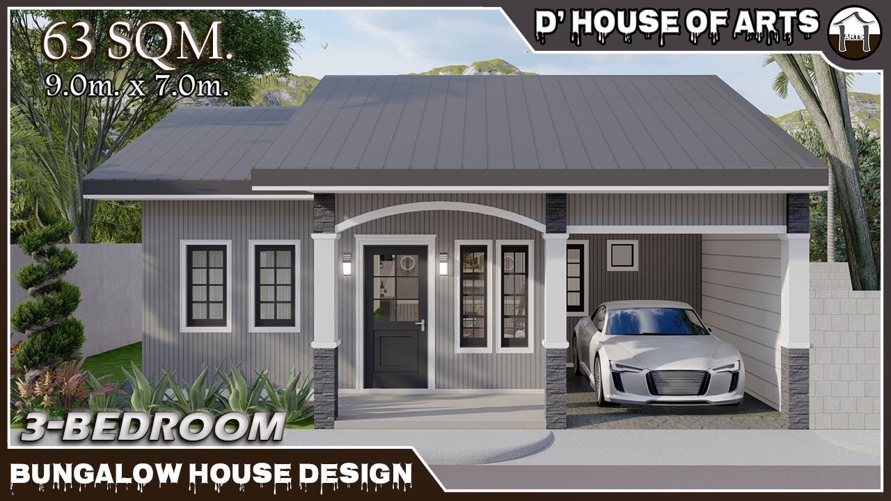 3 BEDROOMS | 63 SQM. ( 9m x 7m) | Bungalow House Design | Modern Bungalow Small House Design Ideas