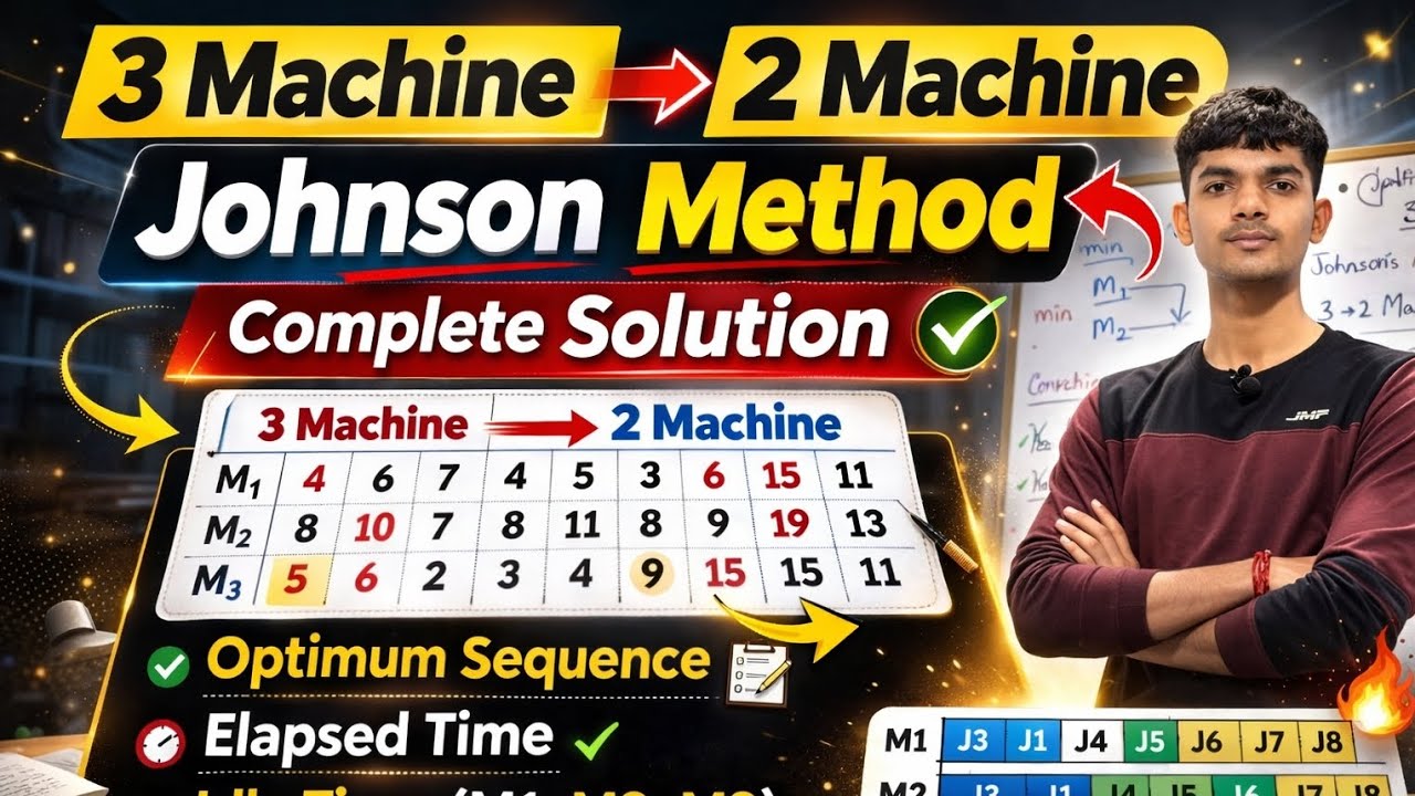 Johnson method | 3 Machine Problem to 2 Machine | Sequence | esllaped | Idle Time @MathsPerfection 