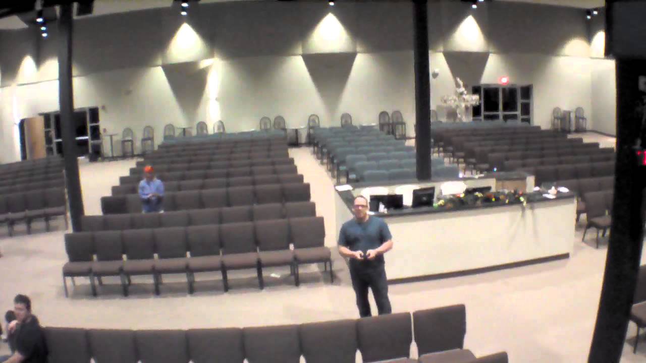 A drone flies inside Vineyard Community Church
