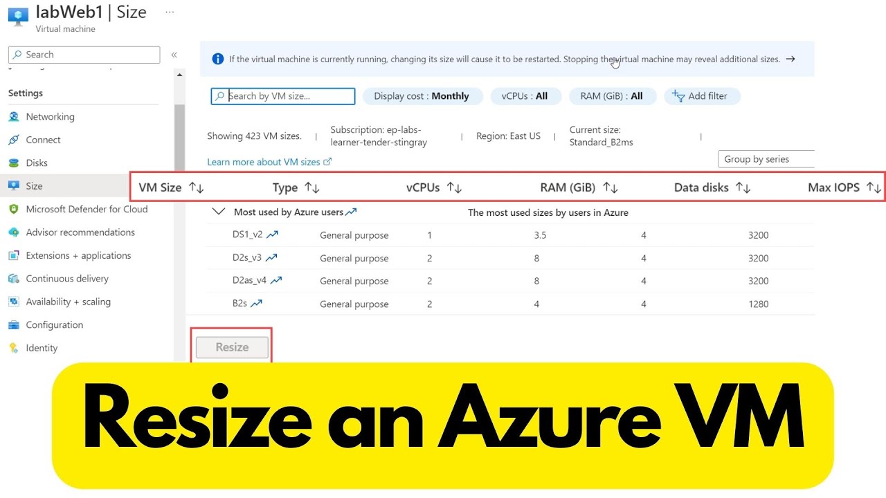 Изменение размера виртуальной машины Azure