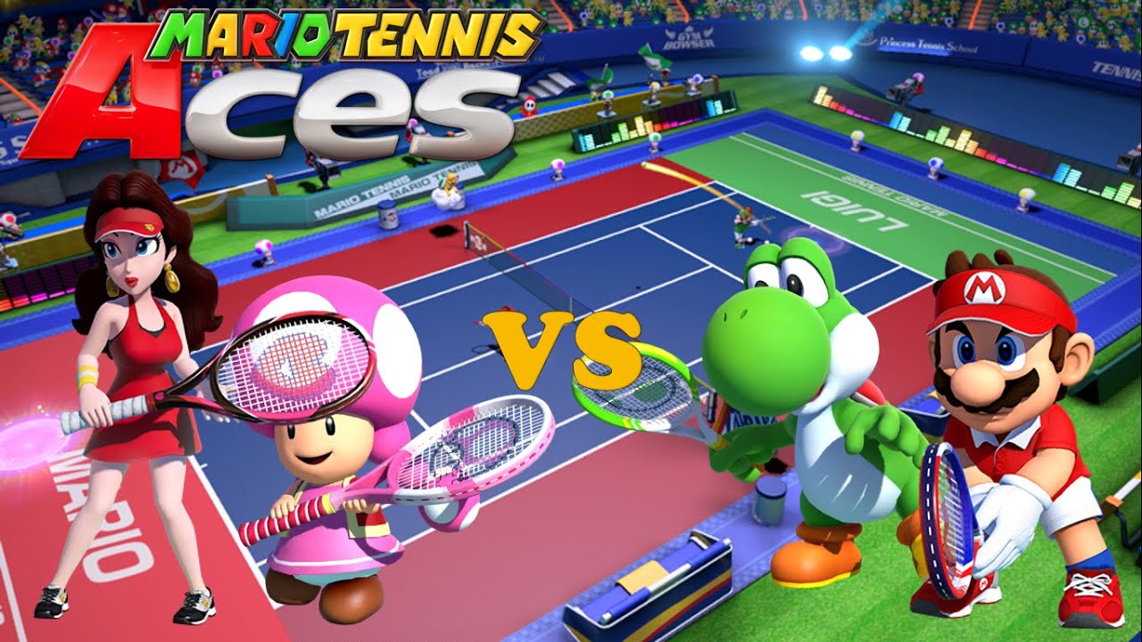 Mario Tennis Aces - Pauline and Toadette vs Mario and Yoshi - Marina Stadium (Night)