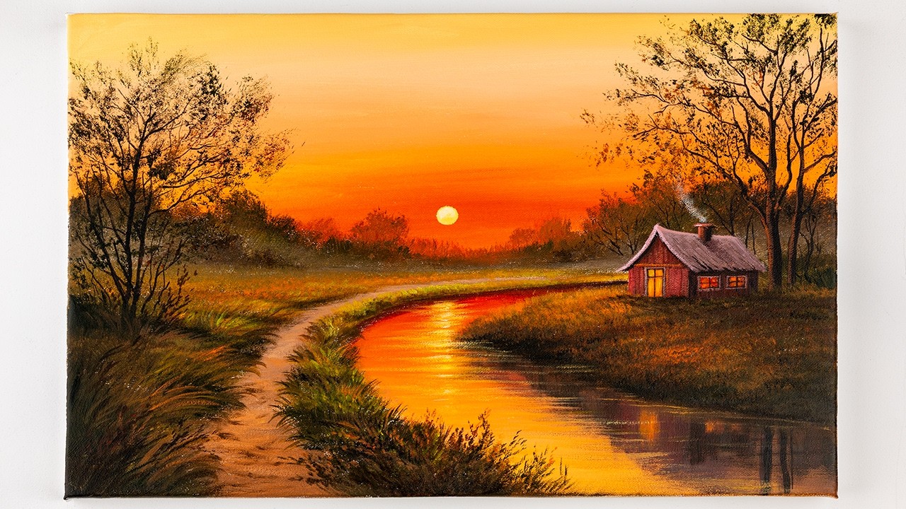 How to paint a house by the lake/ sunset landscape painting / Aham Art 