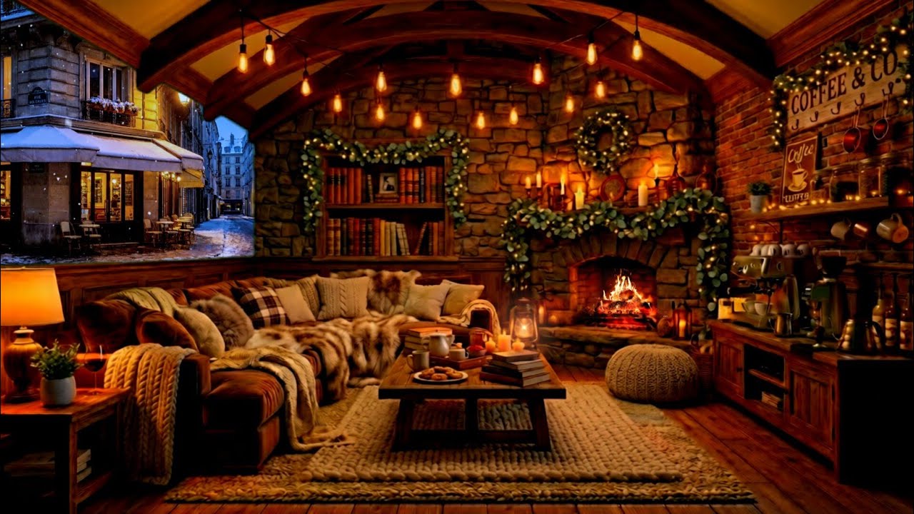 Warm Fireplace & Jazz Instrumental Music | Winter Café Ambience For Sleeping ☕