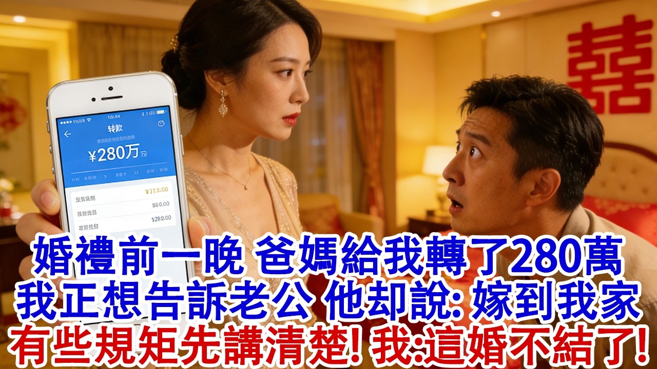 婚禮前一晚，爸媽給我轉了280萬，我正想告訴老公，他突然說：嫁到我家，有些規矩得先講清楚。我：這婚不結了！#婆媳 #家庭 #婚姻 #情感故事 #為人處世