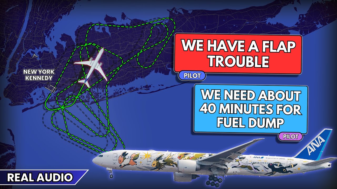 “Flap trouble” and fuel dumping over New York. All Nippon Boeing 777 returns to JFK. Real ATC
