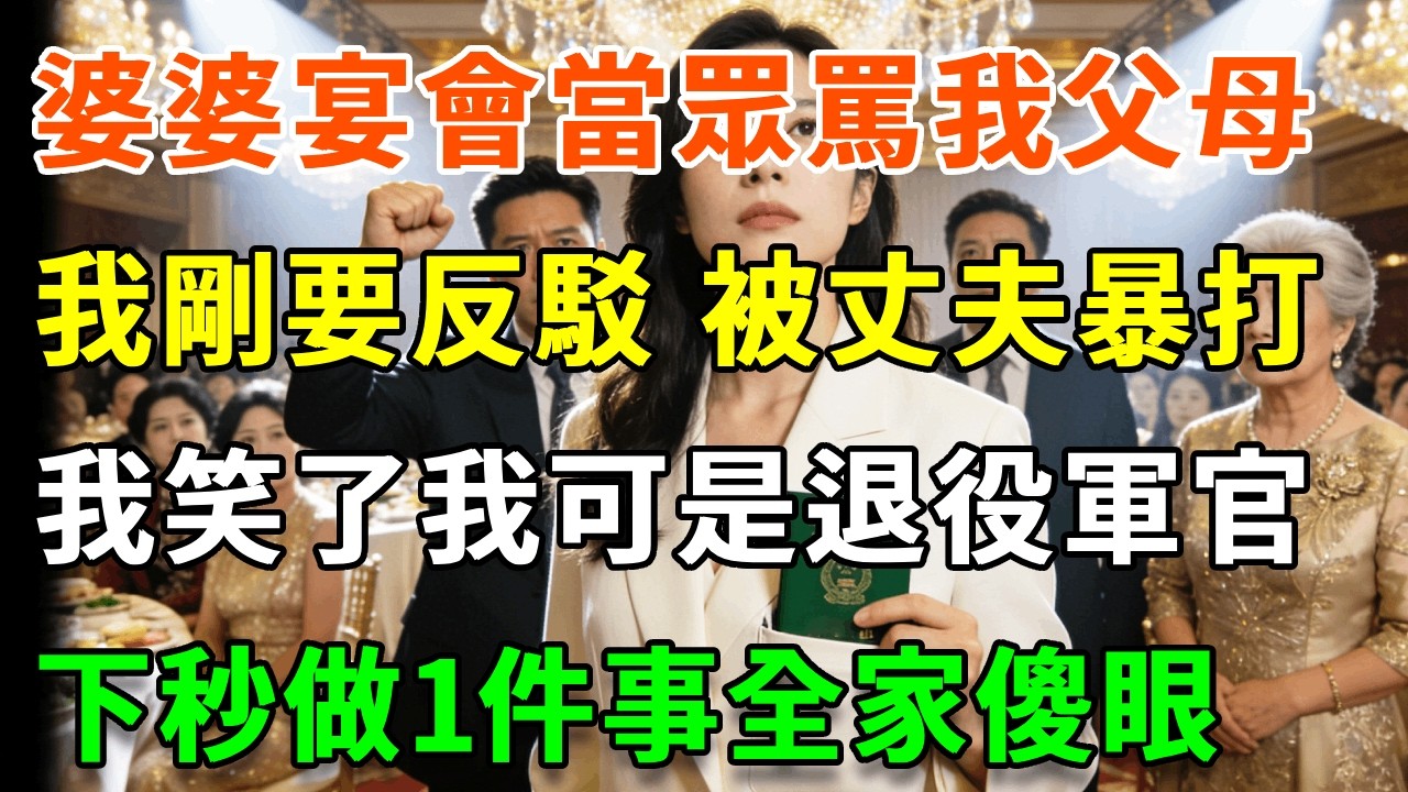 婆婆宴會上當眾罵我父母，我剛準備反駁，丈夫把我按在桌上暴打：自找的活該被打！我笑了我可是退役軍官，下一秒做一件事全家傻眼！#詩涵講故事#為人處世#生活經驗#情感故事#晚年哲理#說故事#完結文#原創故事
