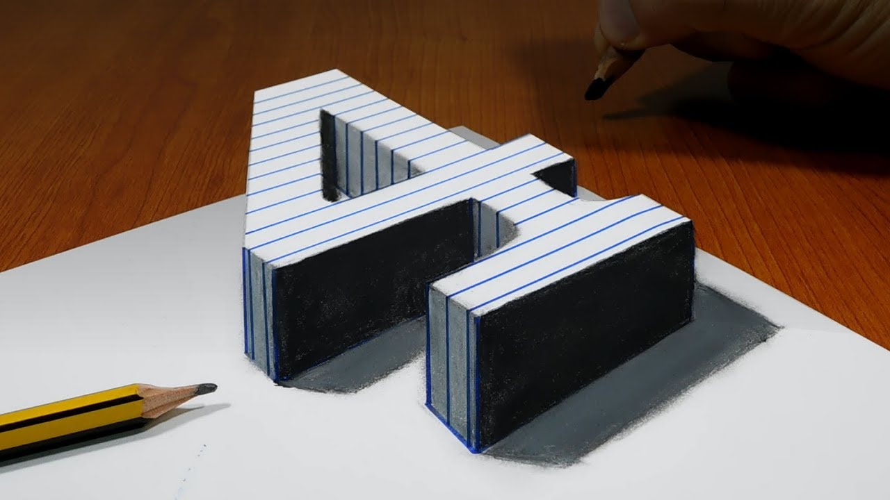 Draw a Number 4 on Line Paper 3D Trick Art