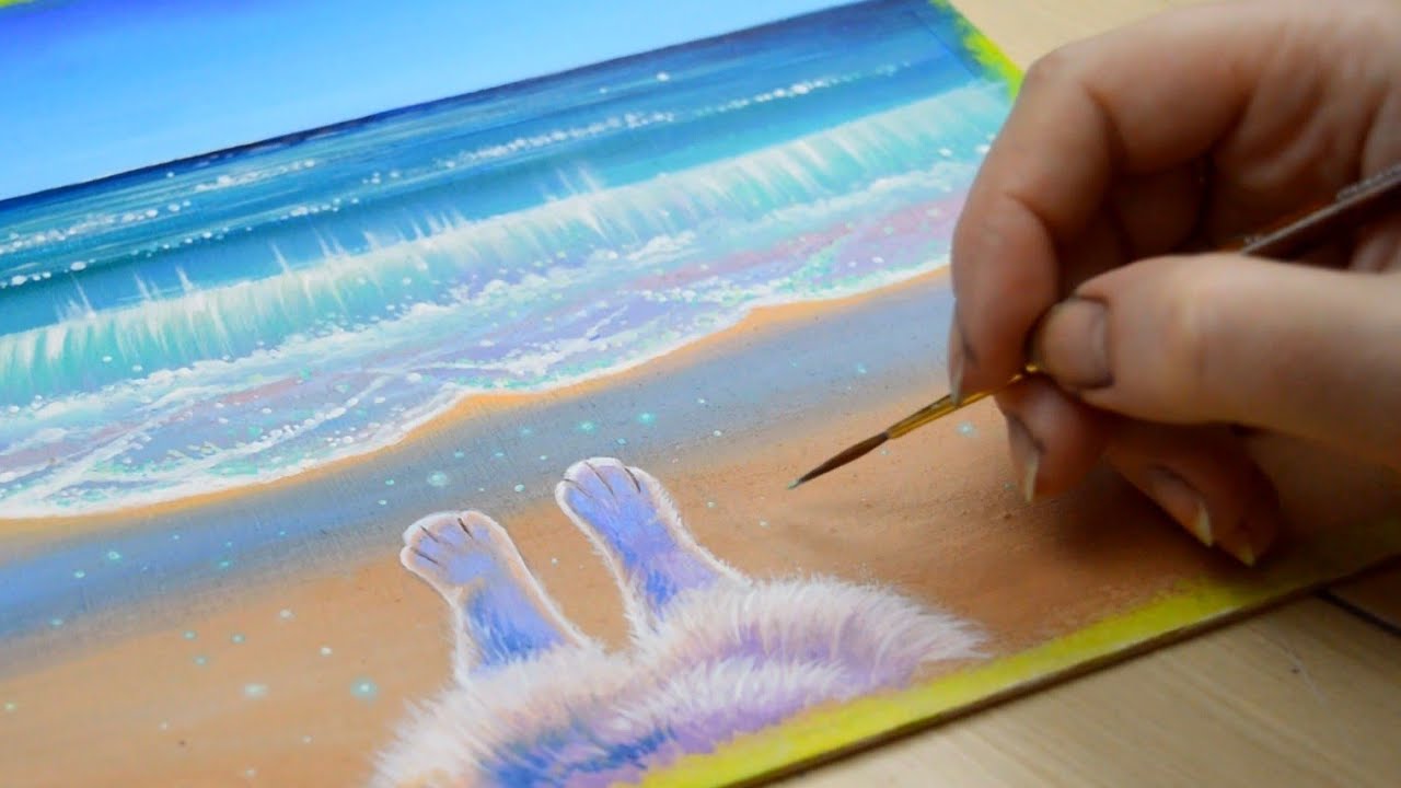 🐱🥰Fluffy Paws on the Beach/Acrylic Painring/Relaxing Painting#164
