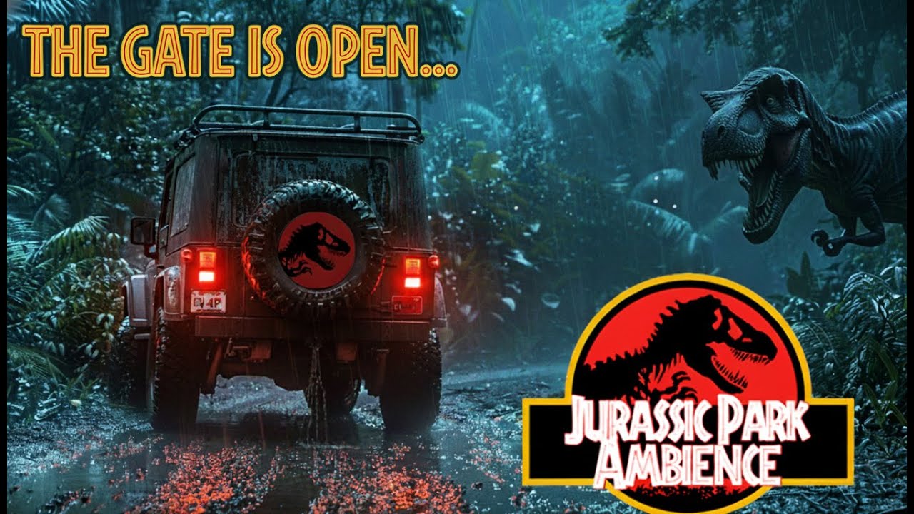 Jurassic Park Jeep Ambience | Dark stormy rain & Distant Roars