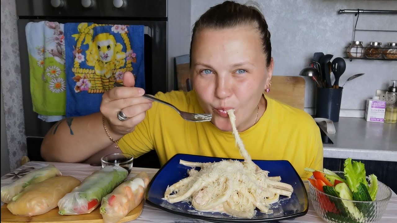 Мукбанг Паста со сливками и креветками /Стресс, Полиция, Шок