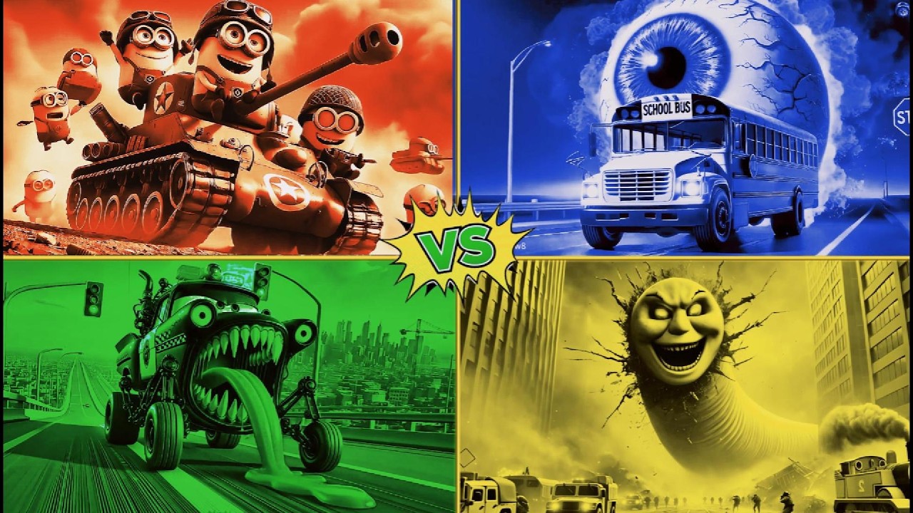 🚀MINIONS EXE🆚ONE EYED BUS🆚POLICE CAR🆚THOMAS TRAIN COFFIN DANCE 🎮TILES HOP RHYTM🎮