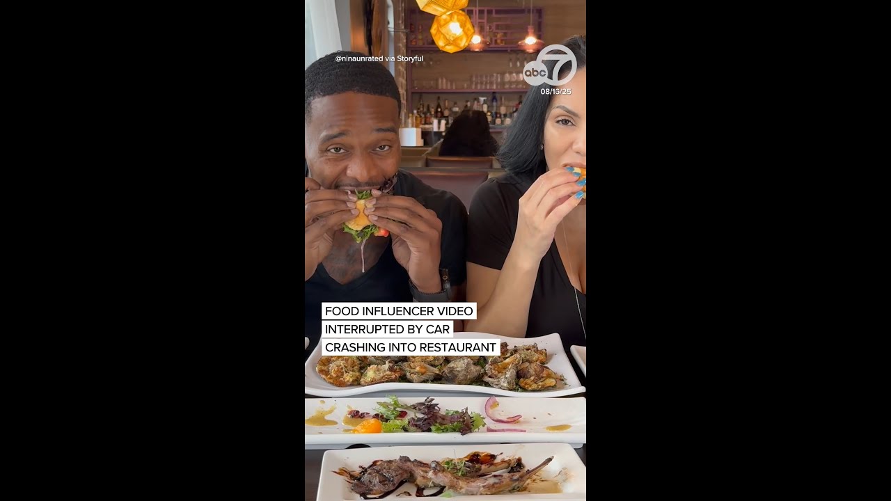 Food influencer video interrupted by car crashing into restaurant