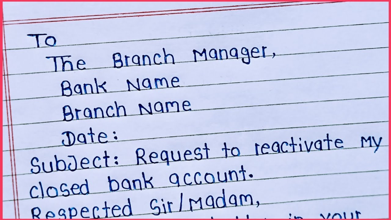 Application Form for Opening a Closed Account in English || Bank Account Open Application 