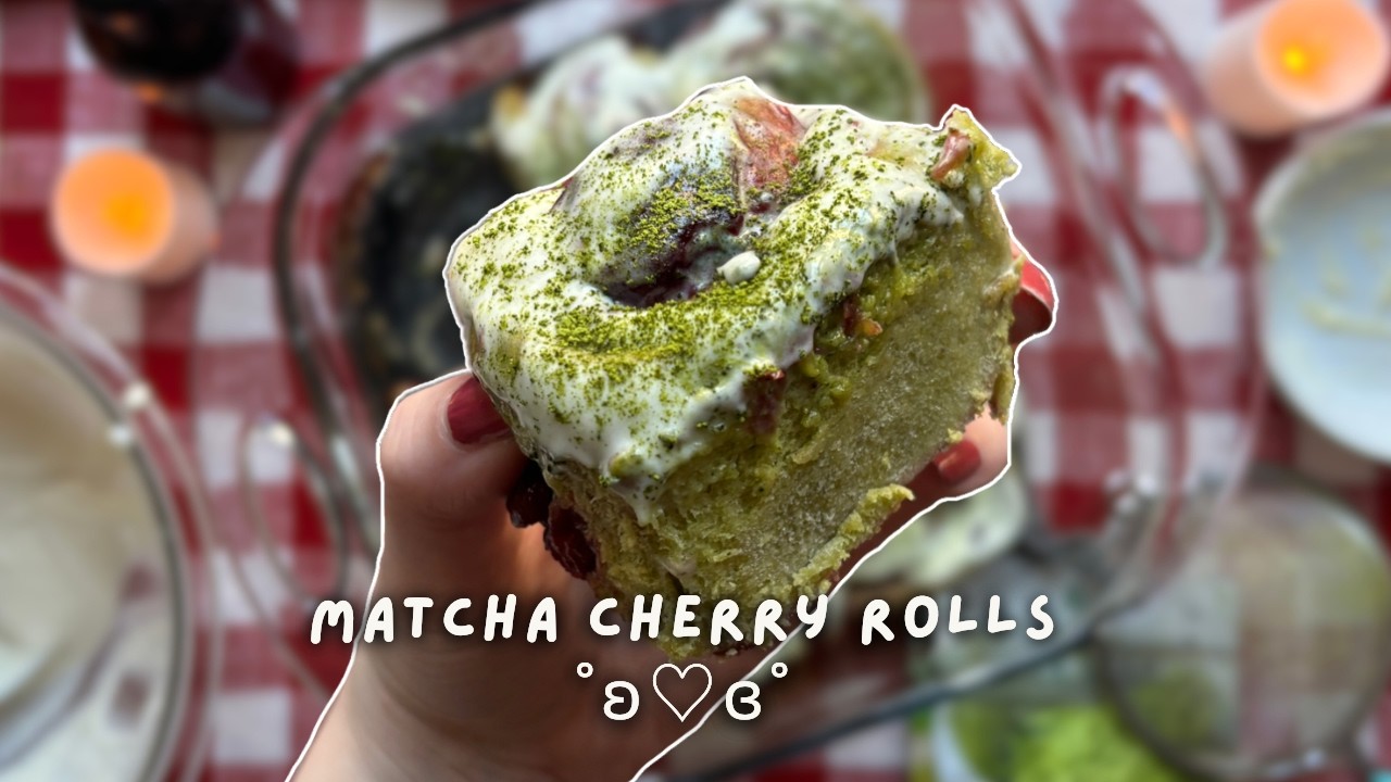 ASMR Baking Matcha Cherry Rolls 🍵 (relaxing baking sounds & whispers)