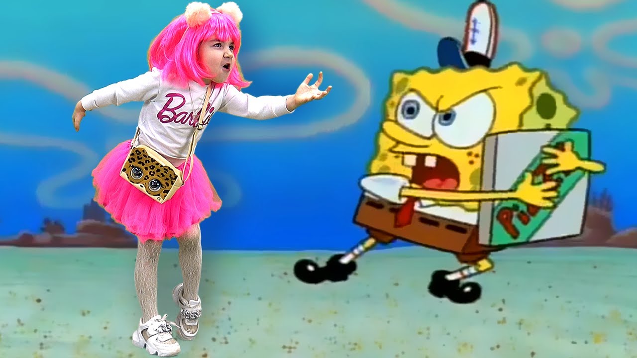 Barbie trying to get a pizza from Spongebob