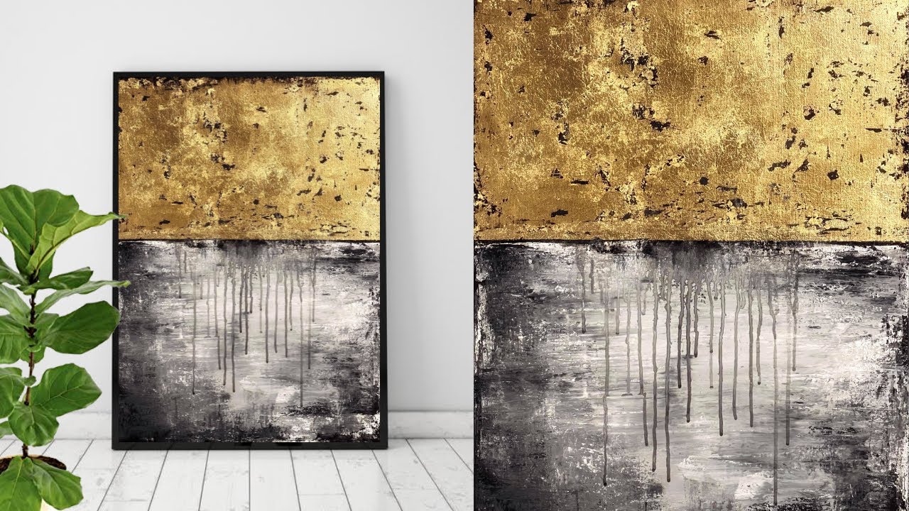Easy Modern Minimalist Abstract Painting using Gold Leaf Technique/DIY Gold leaf Art