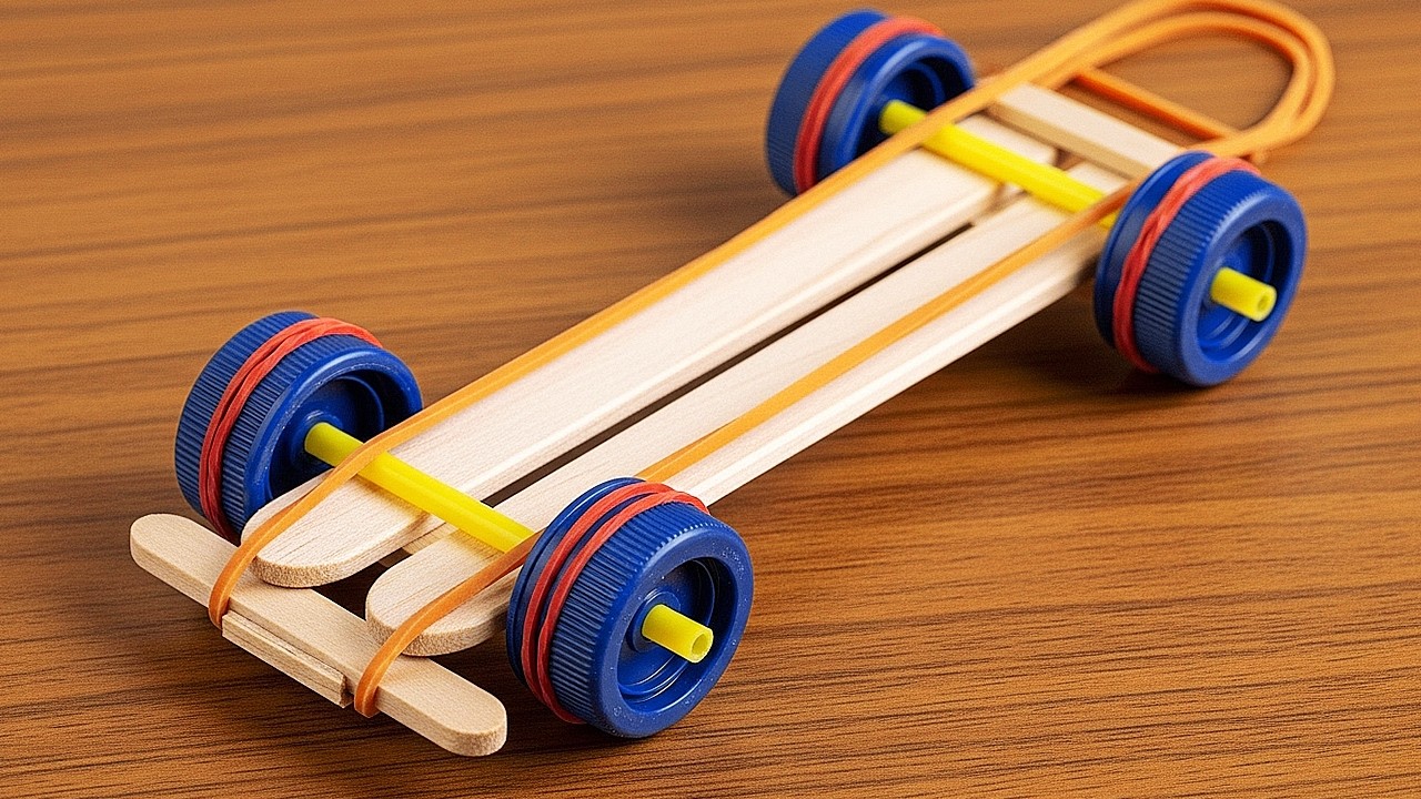 Cómo hacer un coche de juguete diy de goma con banda elástica