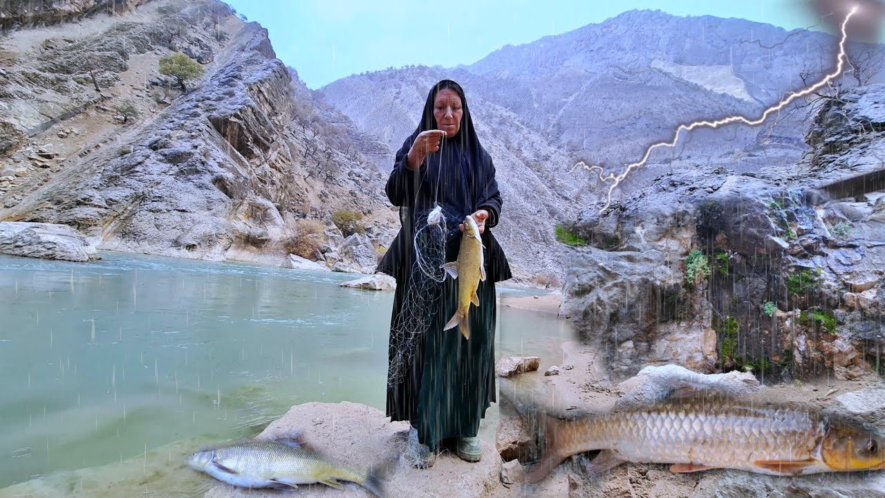 Nomadic life: Nomadic women fishing on a rainy day in a mountain river