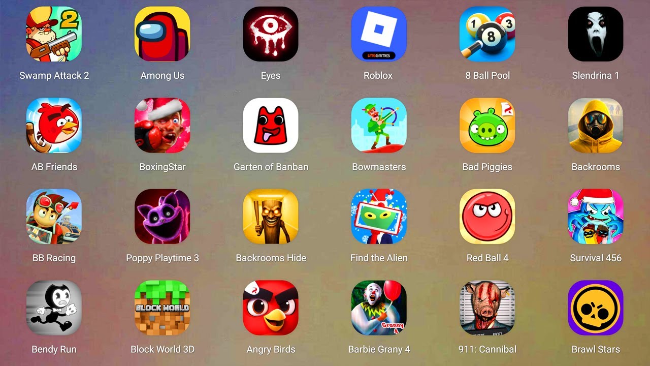 Roblox,Mr Funny's Toy Shop,Poppy Playtime 4,The Baby In Yellow,Scary Granny 4,Red Ball 4,Subway Surf