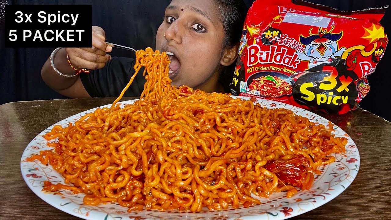 3X Spicy 5 PACKET Ramen Noodles Eating Challenge | Video 109