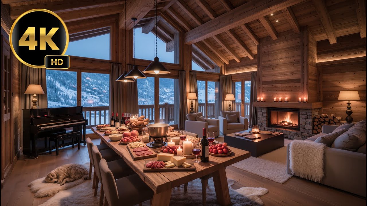 Quiet Piano Music for Dinner 🕯️ Cozy Swiss Mountain Chalet | Fireplace, Sleeping Dog | 4K