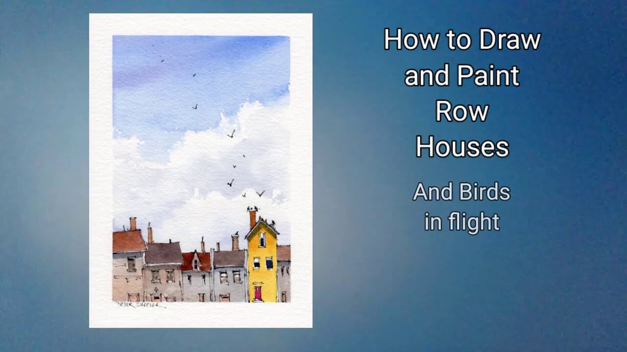 Quick and simple way to paint clouds, houses, flying birds. Line and wash watercolor. Peter Sheeler