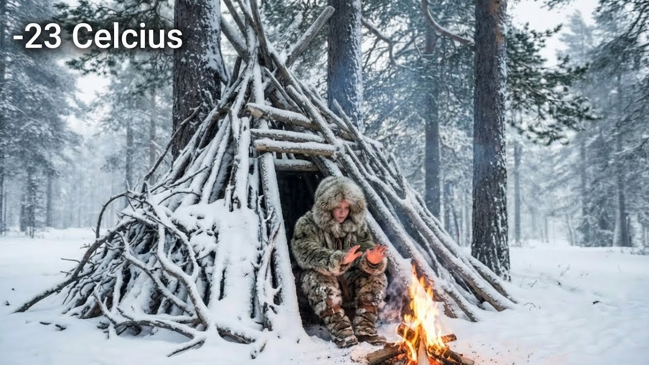 Survive in Extreme Cold | Shelter Building and ice Fishing