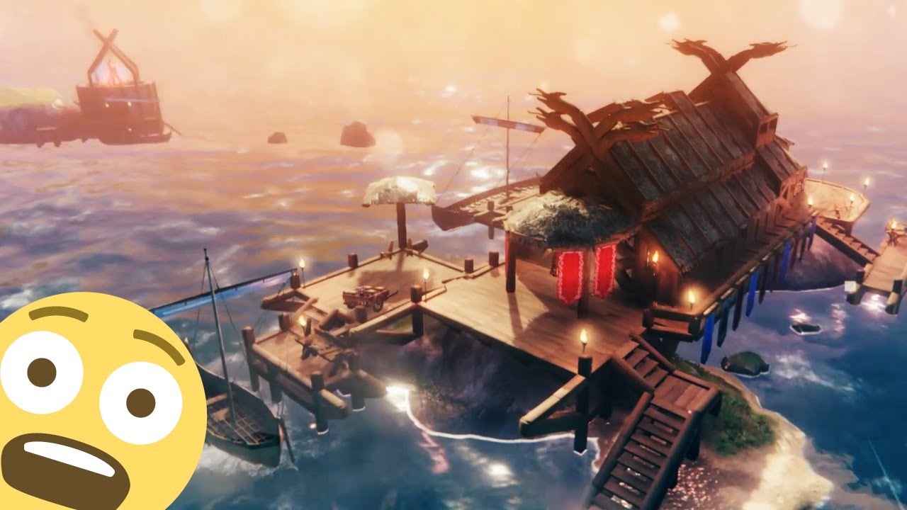 Valheim Construção - Taverna na água com pequeno farol