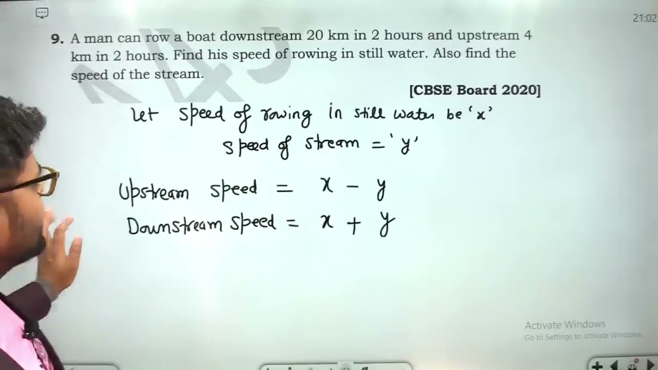 A man can row a boat downstream 20 km in 2 hours and upstream 4 km in 2 hours. Find his speed of r