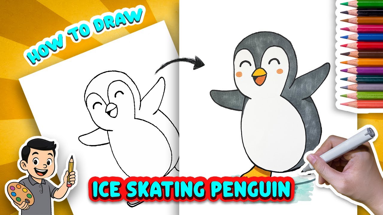 How to Draw an Ice Skating Penguin | Step by Step Tutorial