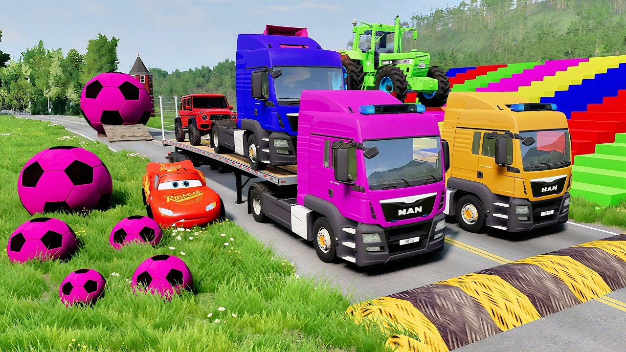Four Flatbed Trailer McQueen Transportation with Truck - Speedbumps vs Cars vs Train - BeamNG 6