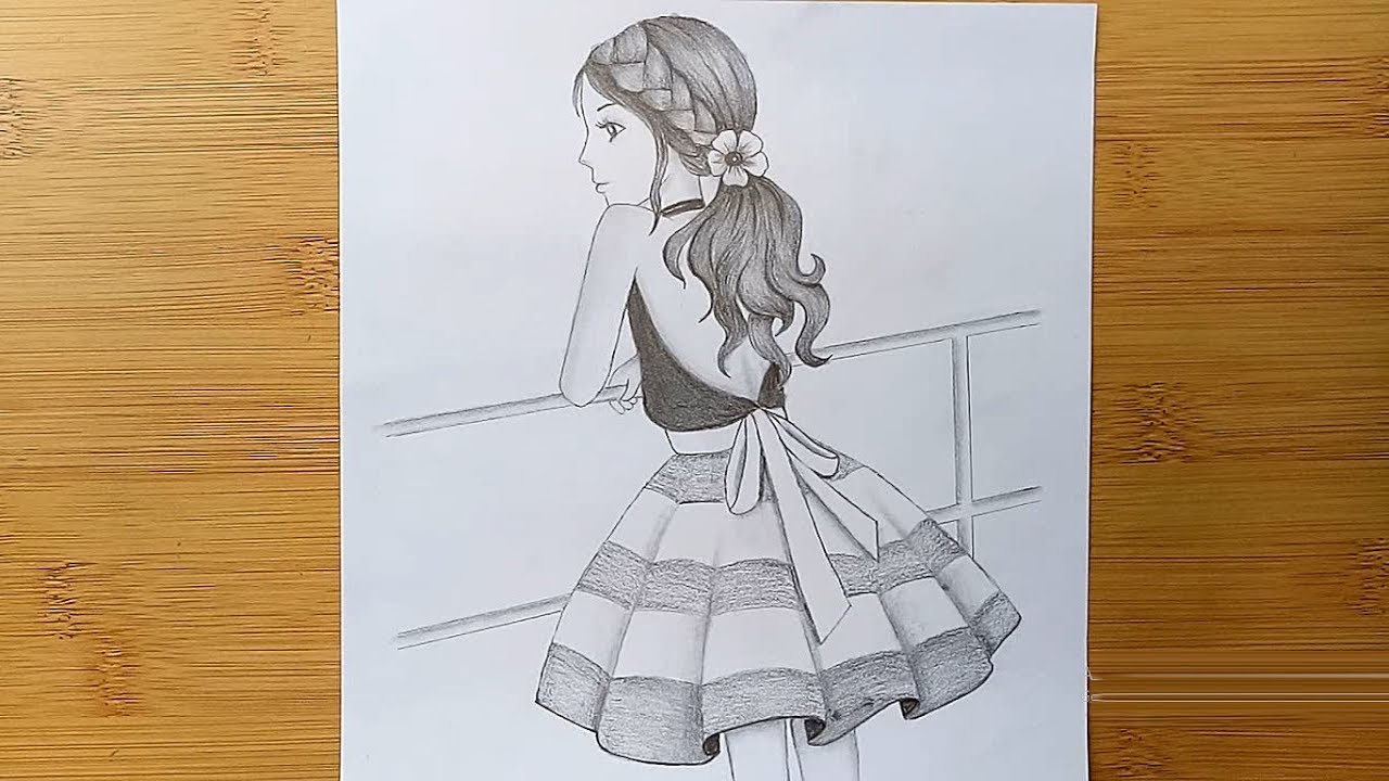 The girl is standing on the roof // How to draw a girl with pencil sketch