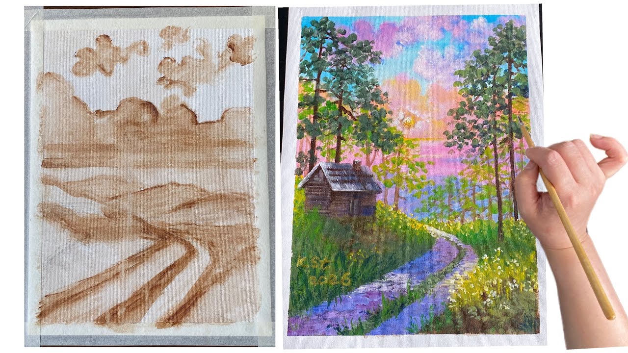 How to paint a Sunset landscape painting/#008/Acrylic/Landscape painting