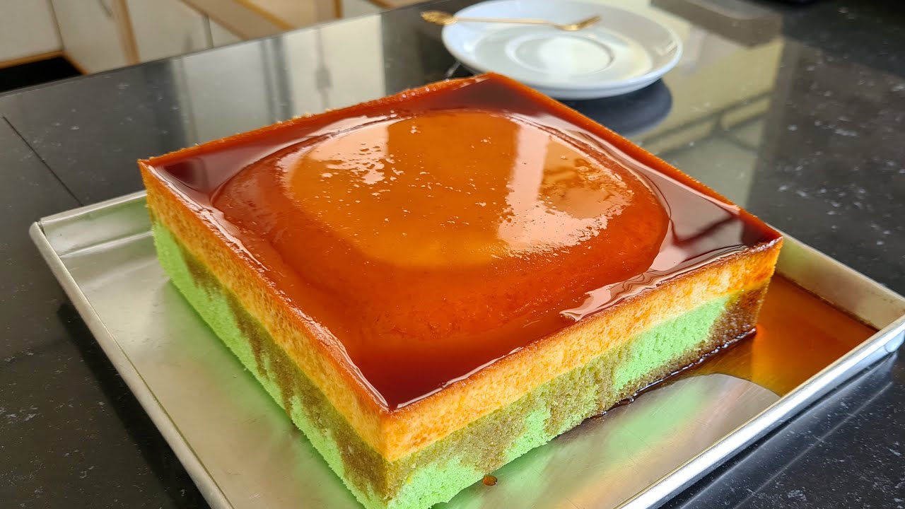 Enak banget, tanpa oven!! Pandan Cheese Flan Cake / Pandan Cake with Caramel Cheese Custard Pudding