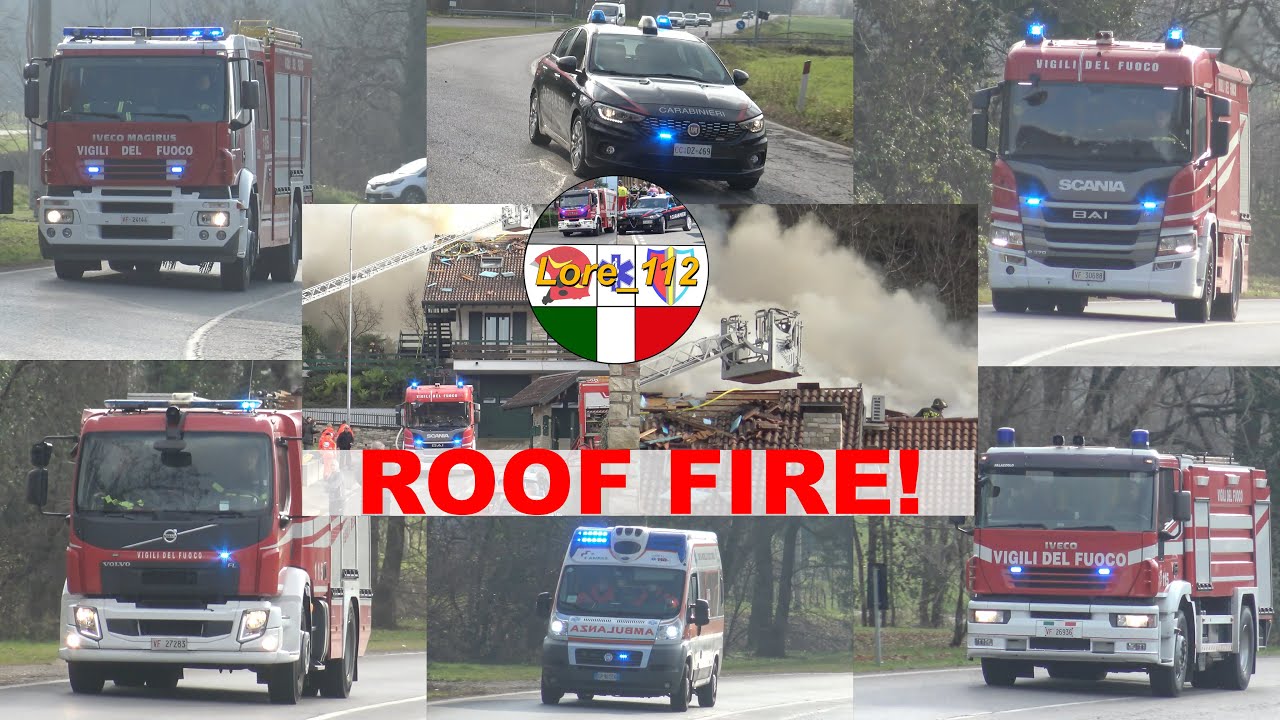Arrivo mezzi di soccorso per INCENDIO TETTO a Rodengo BS/fire roof of a house, fire truck responding