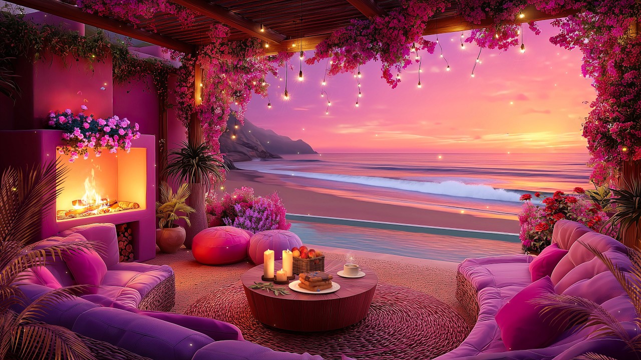 Romantic Sunset Beach Lounge 🌅 Smooth Jazz by the Ocean with Cozy Fireplace