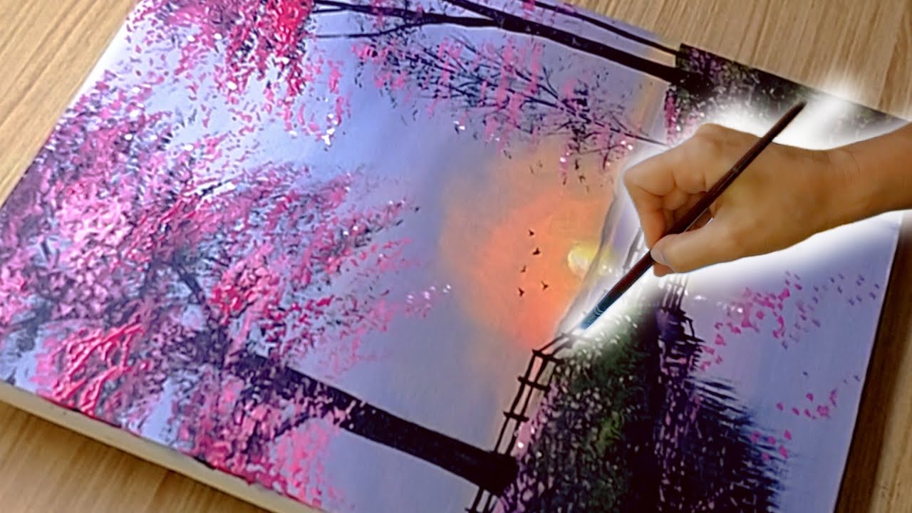 How to Paint a adorable Sunset/ Acrylic Painting Landscape on Canvas