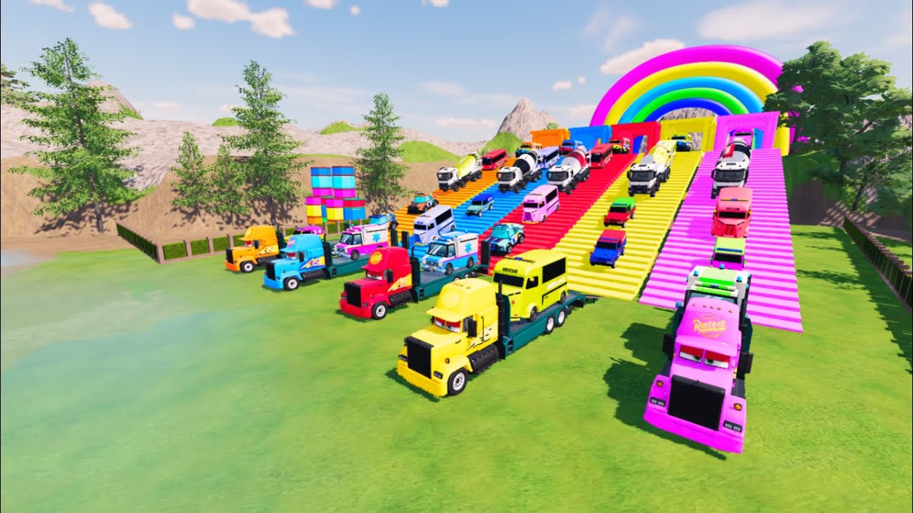 TRANSPORTING ALL CARS, POLICE CARS, AMBULAN, FIRE TRUCK OF COLORS! WITH TRUCKS! - FS 22