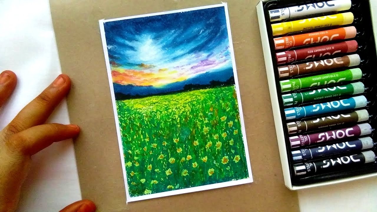 oil pastel drawing with 12 colours ♡ ep: 1 mountain field｡✧*