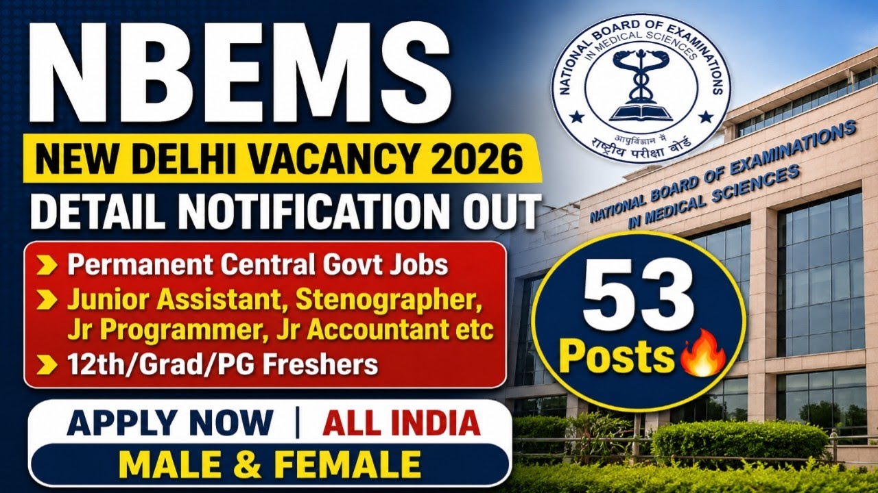 NBEMS New Delhi Vacancy 2026 Out 📢 12th/Grad/PG Freshers| Permanent Central Govt Jobs 🔥