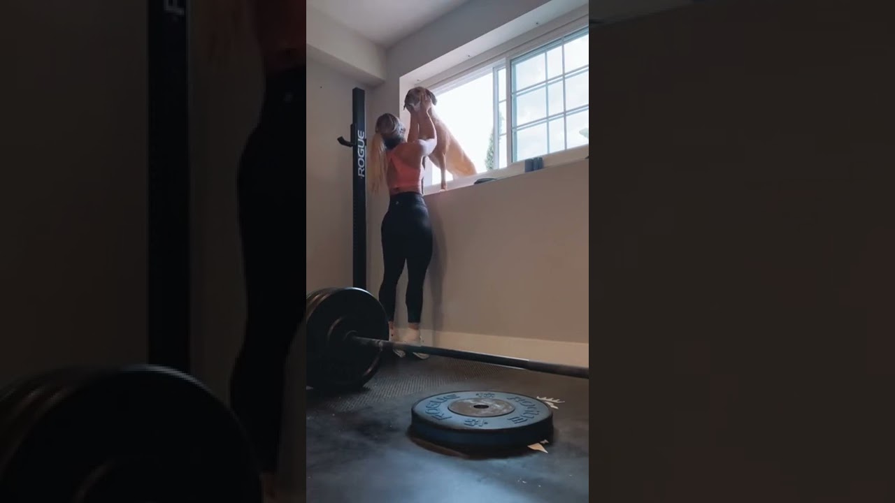Beautiful female trainer in tights stops the training and opens the window to pet her dog!