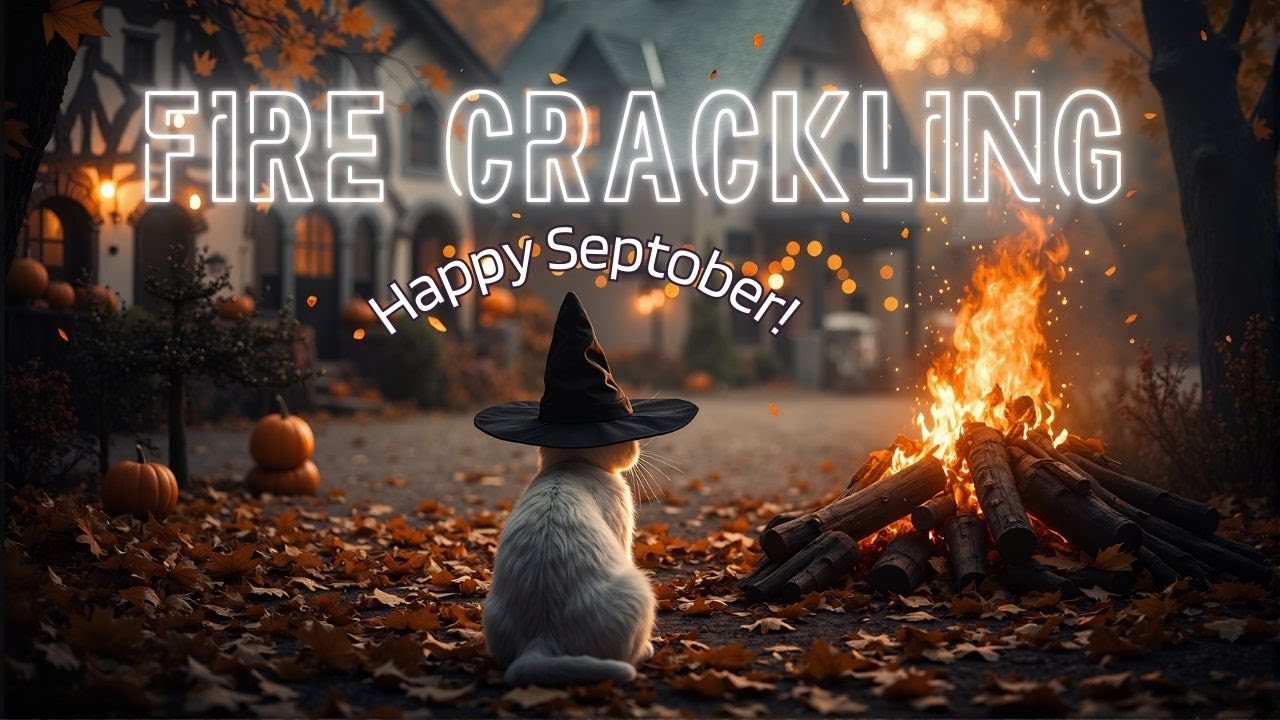 Halloween Night Ambience 🎃 Cozy Fire, Autumn Leaves & Witch Cat