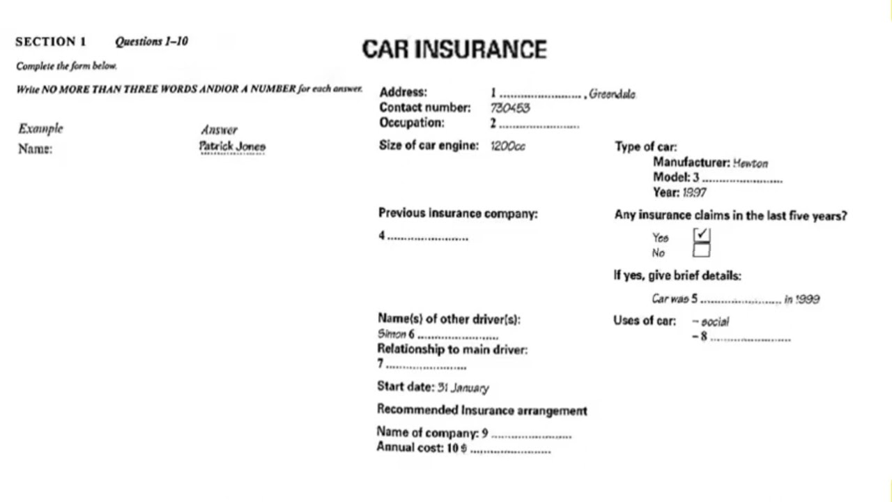 Car Insurance With Answers | IELTS LISTENING SECTION-1